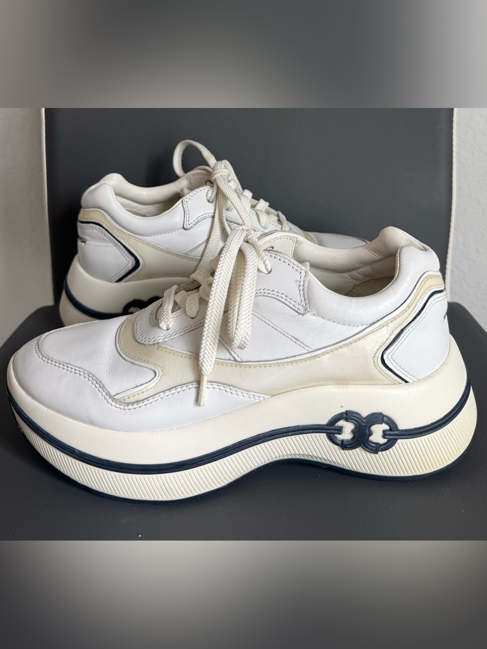 Tory Burch Women's Gemini Link Platform Sneakers White Leather Size 7